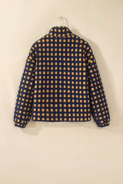 Blue Plaid Sherpa Fleece Zip Up Jacket