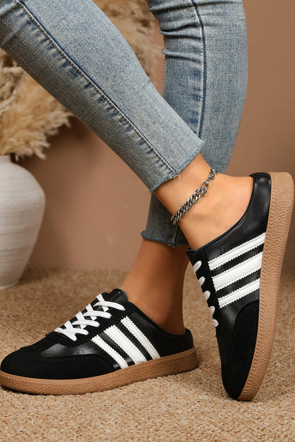 Color black PU Leather Color Block Varsity Lace Up Flat Shoes