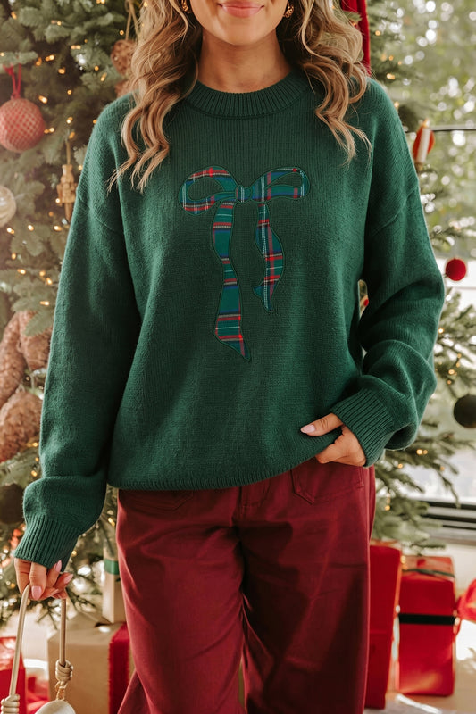 Blackish Green Plaid Bow Detail Drop Shoulder Christmas Sweater