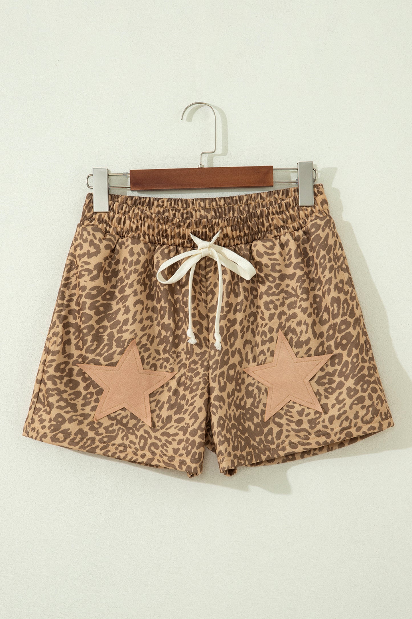 Khaki Leopard Drawstring Elastic Waist Star Patched Shorts