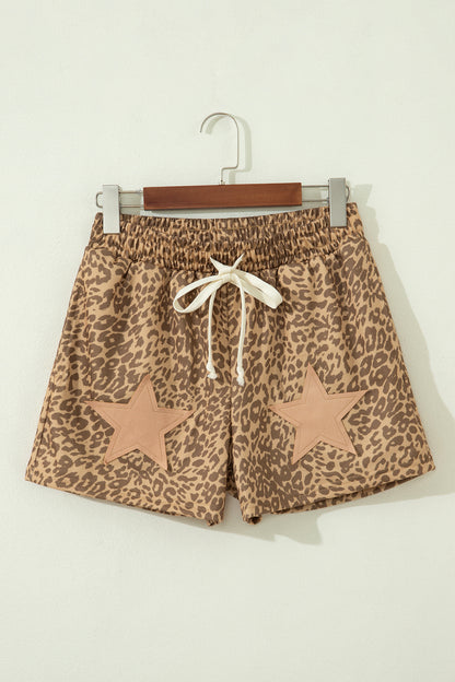 Khaki Leopard Drawstring Elastic Waist Star Patched Shorts