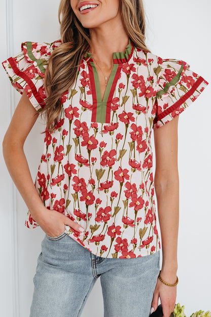 Pink Floral Print Contrast Trim V Neck Double Ruffled Short Sleeve Blouse