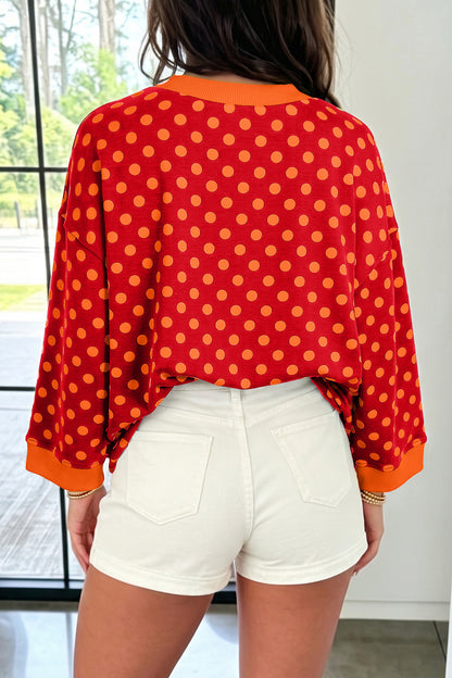 Red Polka Dot Print Contrast Trim Round Neck Bracelet Sleeve Top