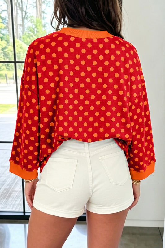 Red Polka Dot Print Contrast Trim Round Neck Bracelet Sleeve Top