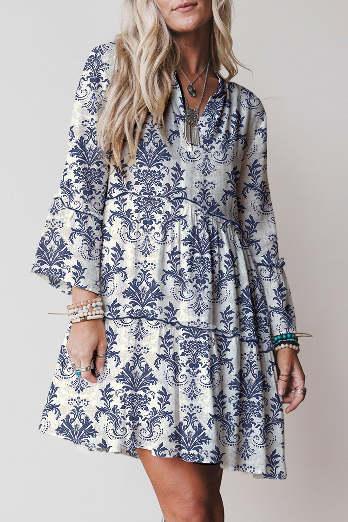 Red Boho Floral Print Lettuce Trim 3/4 Sleeve Mini Dress