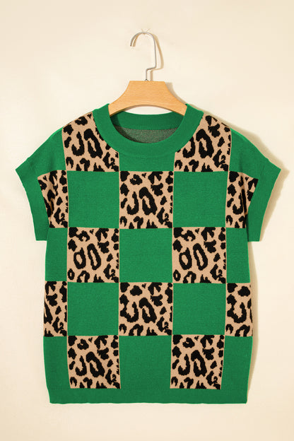 Black Leopard Checkerboard Short Sleeve Knit Sweater