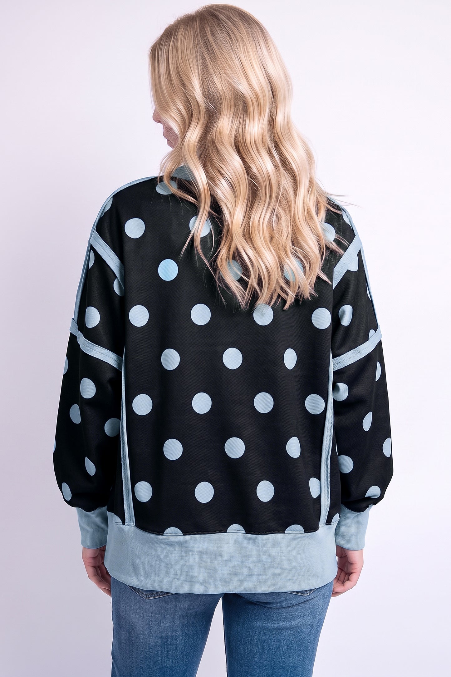 Black Polka Dot Contrast Patchwork Round Neck Baggy Sweatshirt