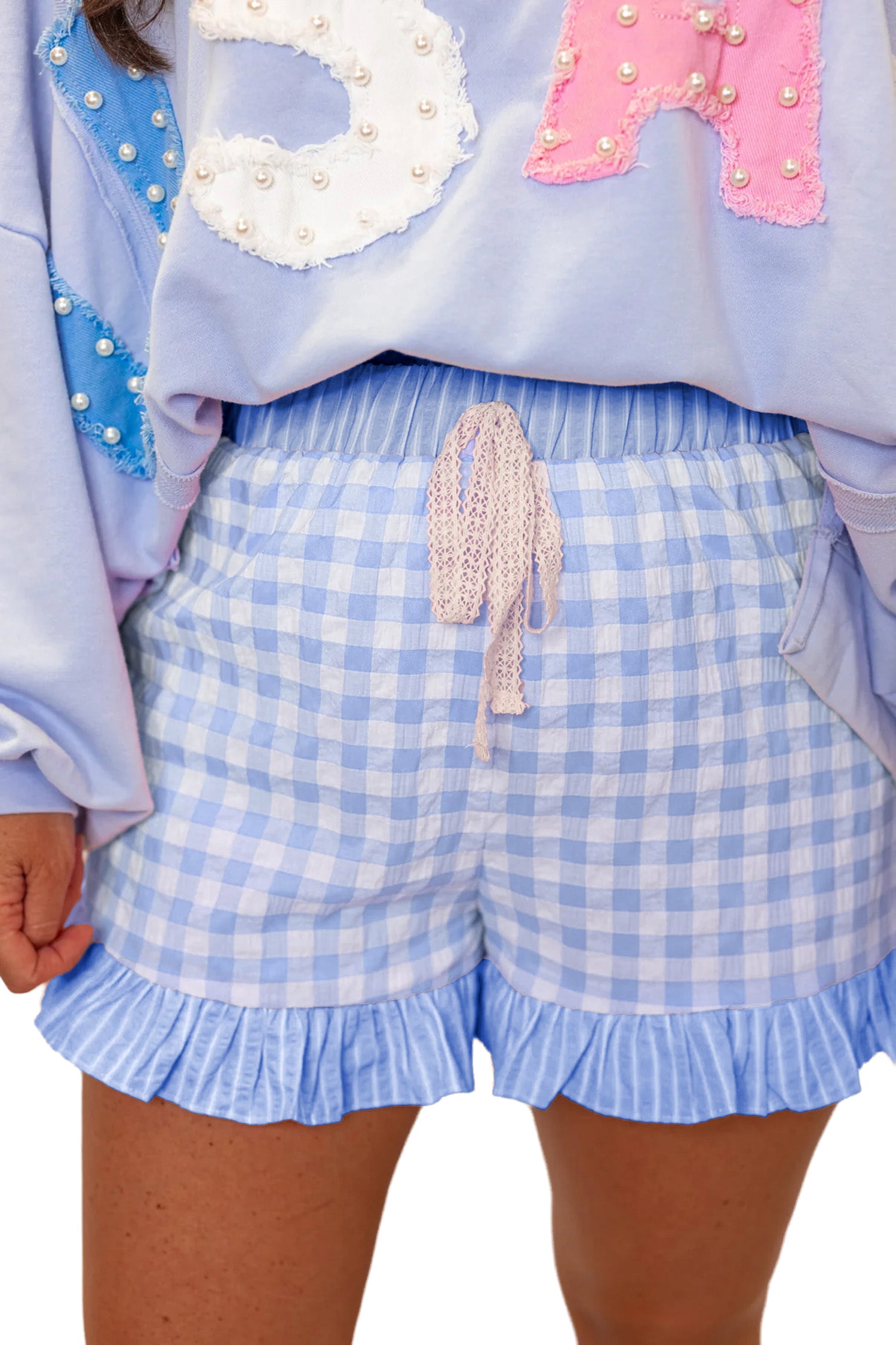Sky Blue Gingham Print Ruffle Striped Detail Lace Tie Shorts