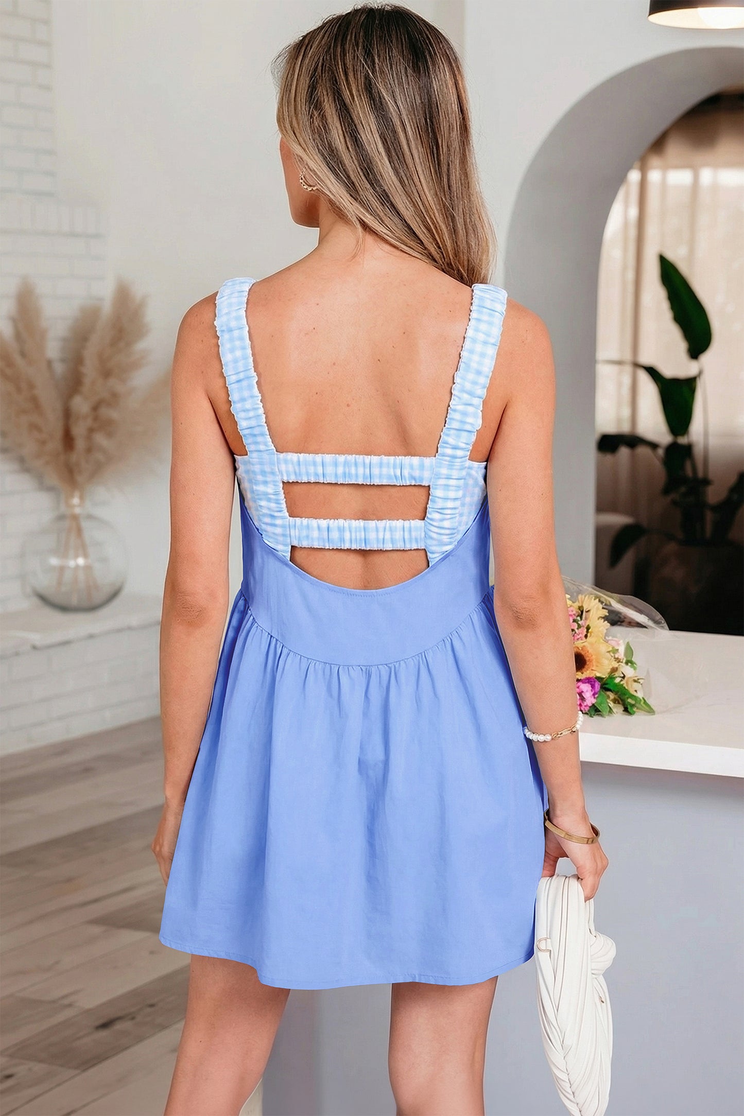Beau Blue Faux Two Piece Gingham Contrast Patchwork Loose Mini Dress