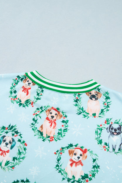 Sky Blue Abstract Dog Print Ribbed Cuff Round Neck Long Sleeve Sweatshirt
