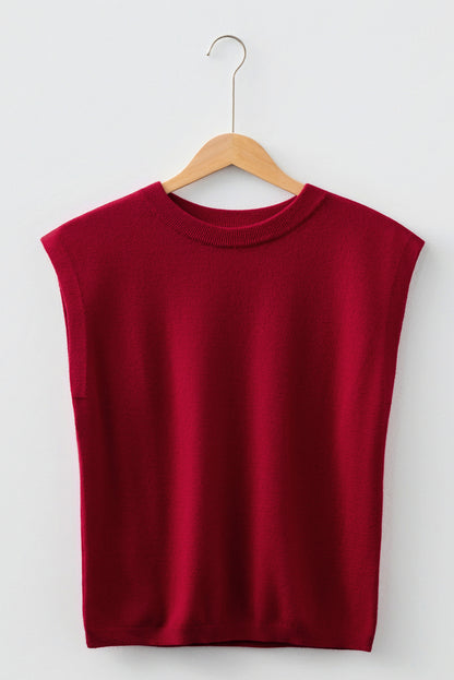 Racing Red Solid Color Crew Neck Knit Cap Sleeve Sweater