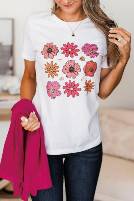 White Flower Graphic Crewneck T Shirt