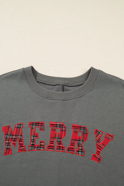 Medium Grey Plaid MERRY Bow Embroidered Plus Size Sweatshirt with Side Slits