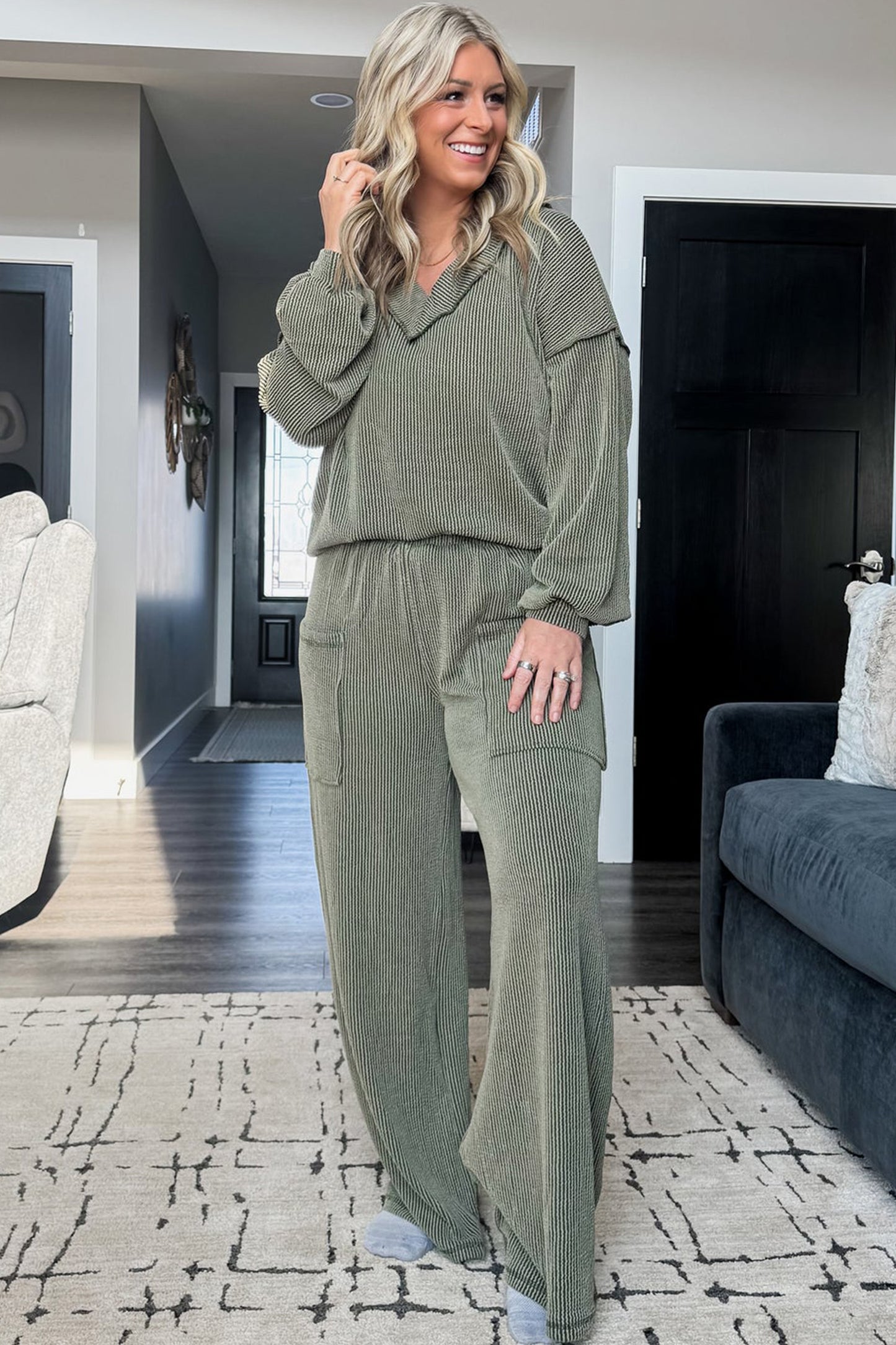 Four Leaf Clover Twisted Ribbed Exposed Seam Detail V Neck Pullover Plus Size Pant Set