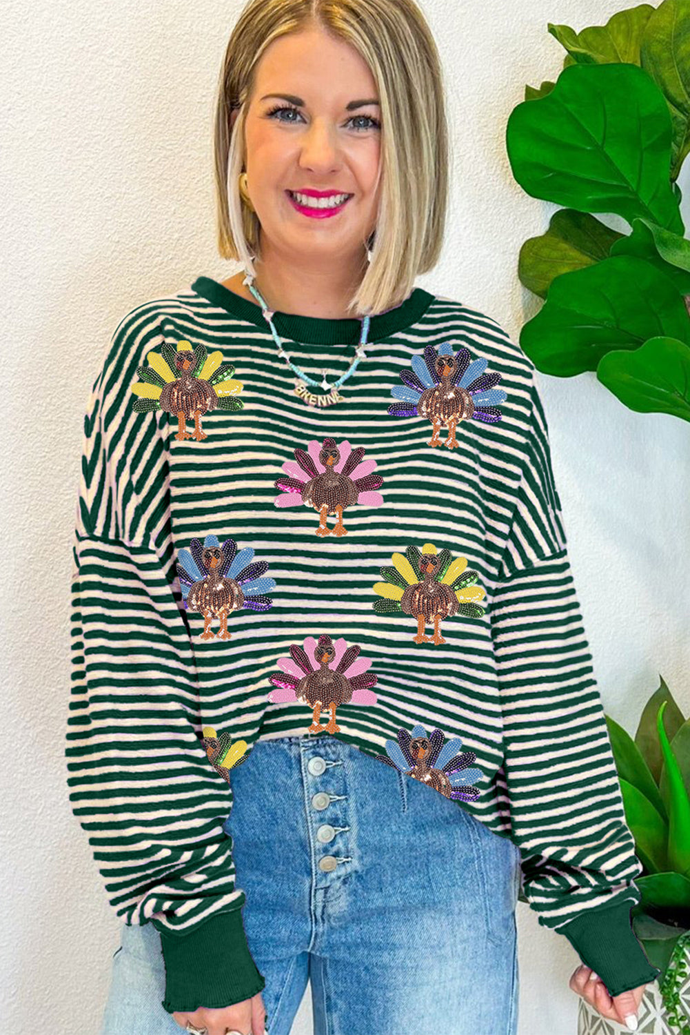 Green Stripe Sequined Turkey Pattern Drop Shoulder Pullover Top