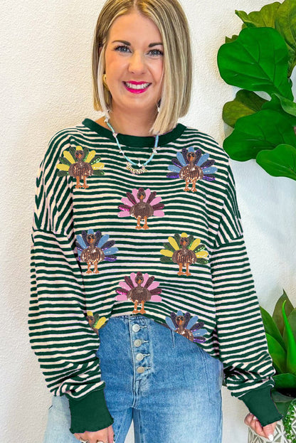 Green Stripe Sequined Turkey Pattern Drop Shoulder Pullover Top