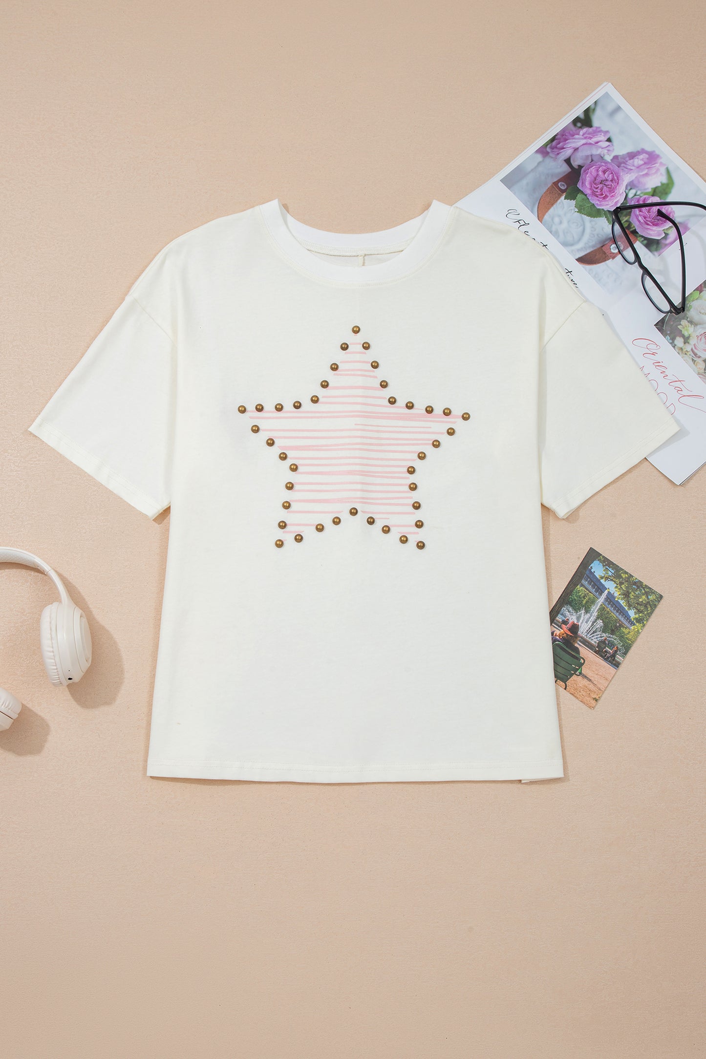 Beige Star Print Stud Detail Cotton Jersey Top