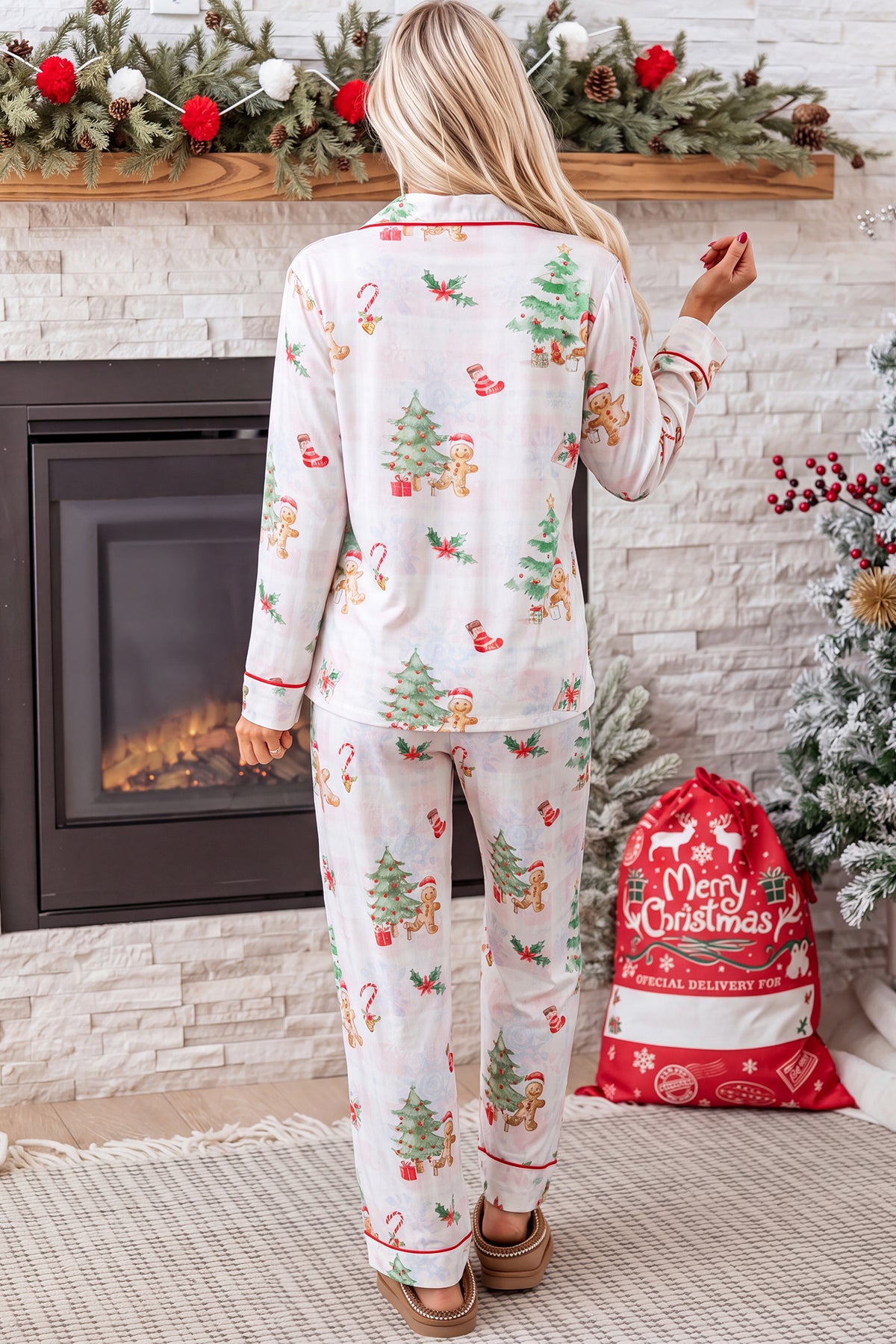 Pink Plaid Snowflake Christmas Gingerbread Man Print Long 2pcs Lounge Set