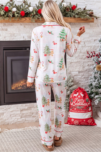 Pink Plaid Snowflake Christmas Gingerbread Man Print Long 2pcs Lounge Set