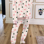 Pink Bow Christmas Tree Print Contrast Striped Banding 2pcs Lounge Set
