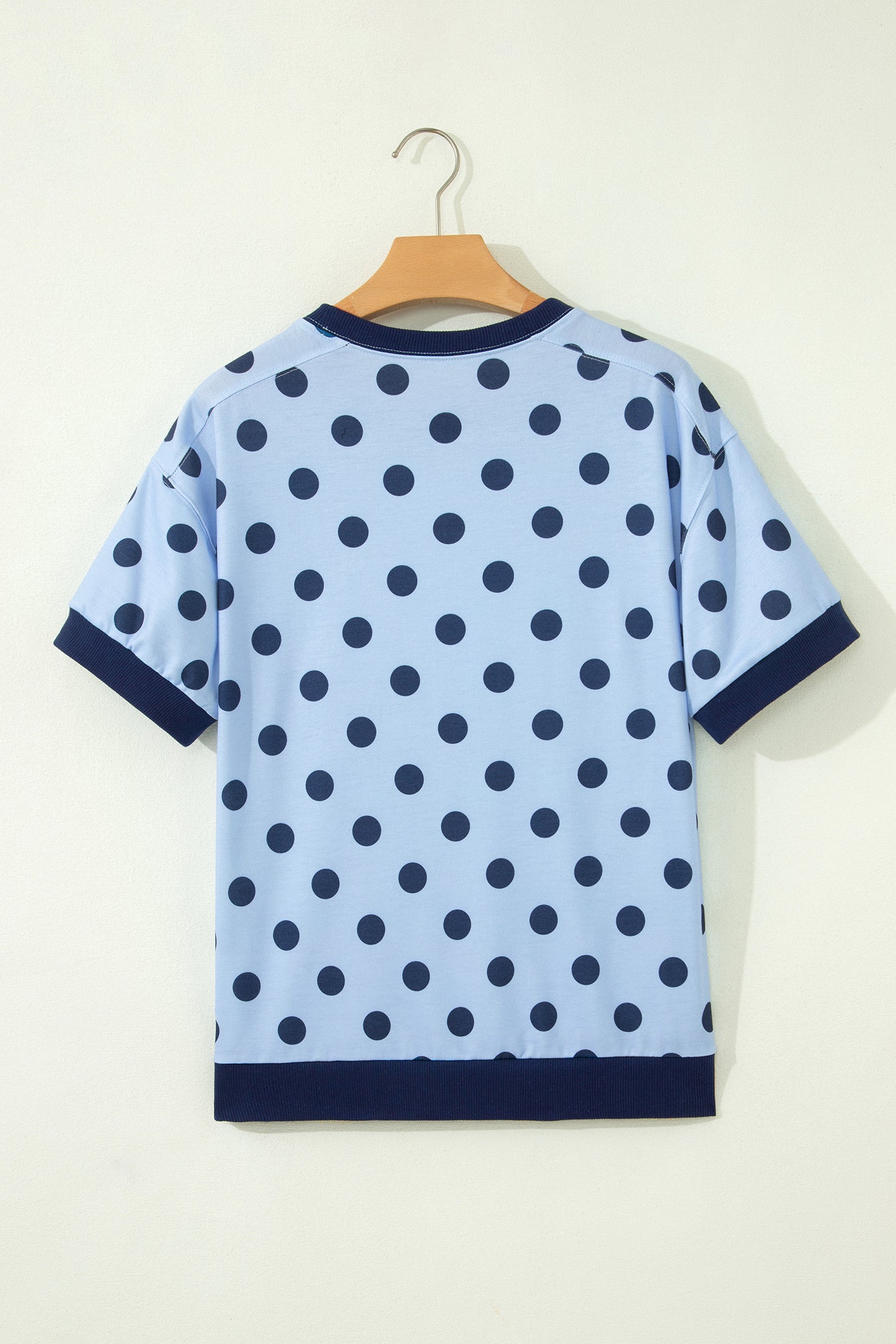 Blue Color Block Trim Polka Dot Casual Tee