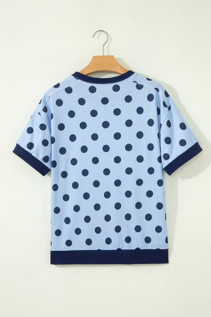 Blue Color Block Trim Polka Dot Casual Tee