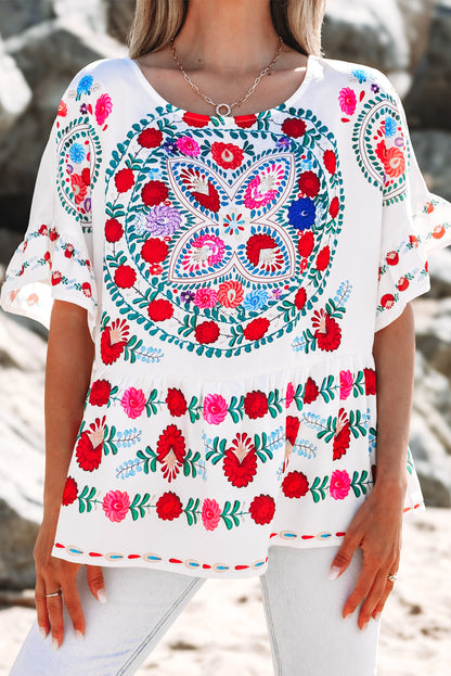 White Boho Floral Print Round Neck Ruffle Trim Blouse
