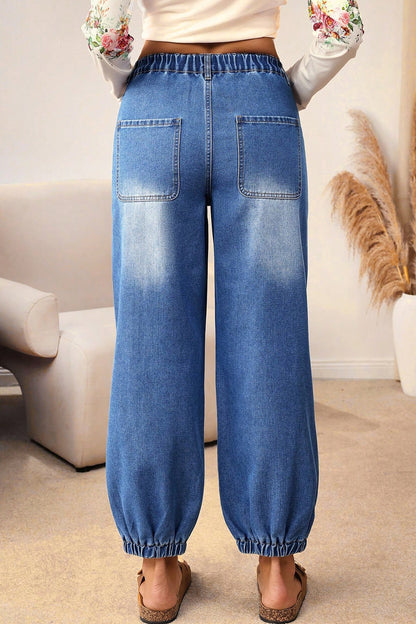 Blue 4 Buttons Front Tapered Casual Loose Fit Jeans