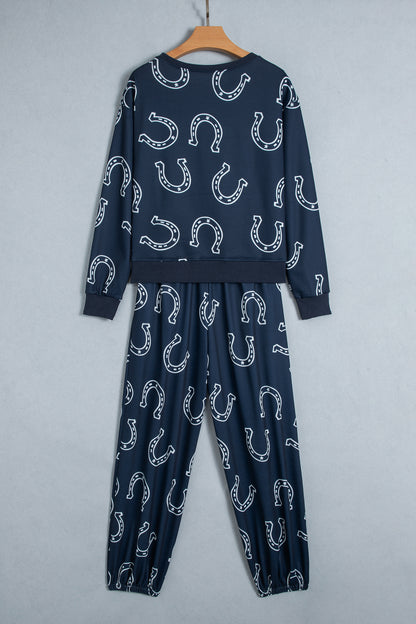 Blue Western Print Elastic Waist Pocket 2pcs Pant Set