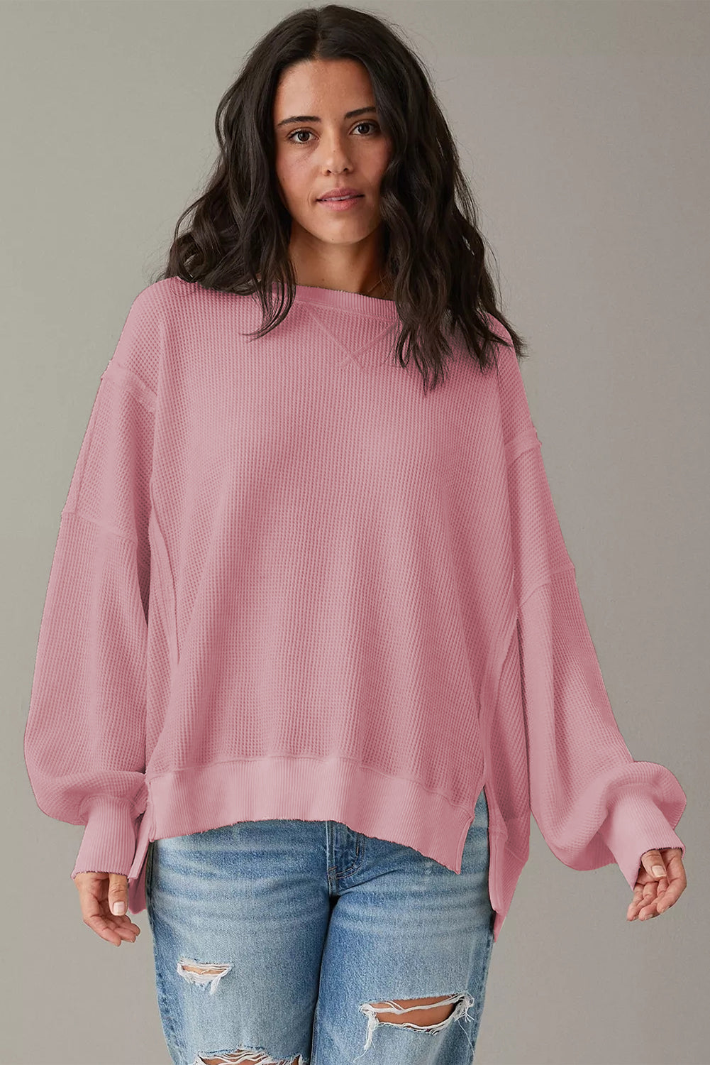 Sweat-shirt surdimensionné fendu à manches évasées en tricot gaufré rose