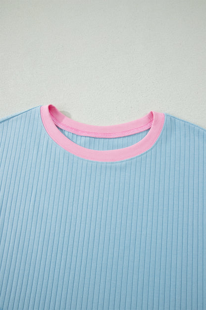 Mist Blue Soft Ribbed Color Block Trim Casual Short Set