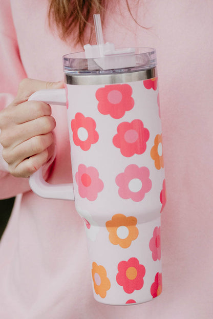 Taza de vacío de acero inoxidable con asa y estampado de flores multicolores