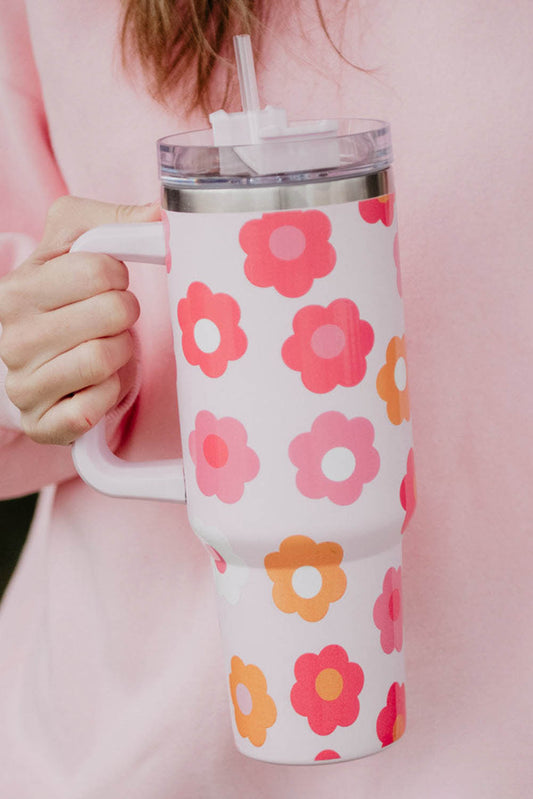 Tasse isotherme en acier inoxydable avec poignée et imprimé floral multicolore
