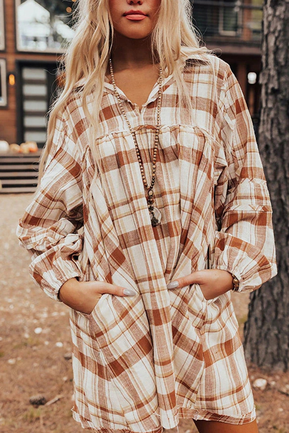 Brown Plaid Print Side Pockets Frilled Babydoll Mini Dress Brown / XL / 100%Cotton Brown Plaid Print Side Pockets Frilled Babydoll Mini Dress Brown / XL / 100%Cotton