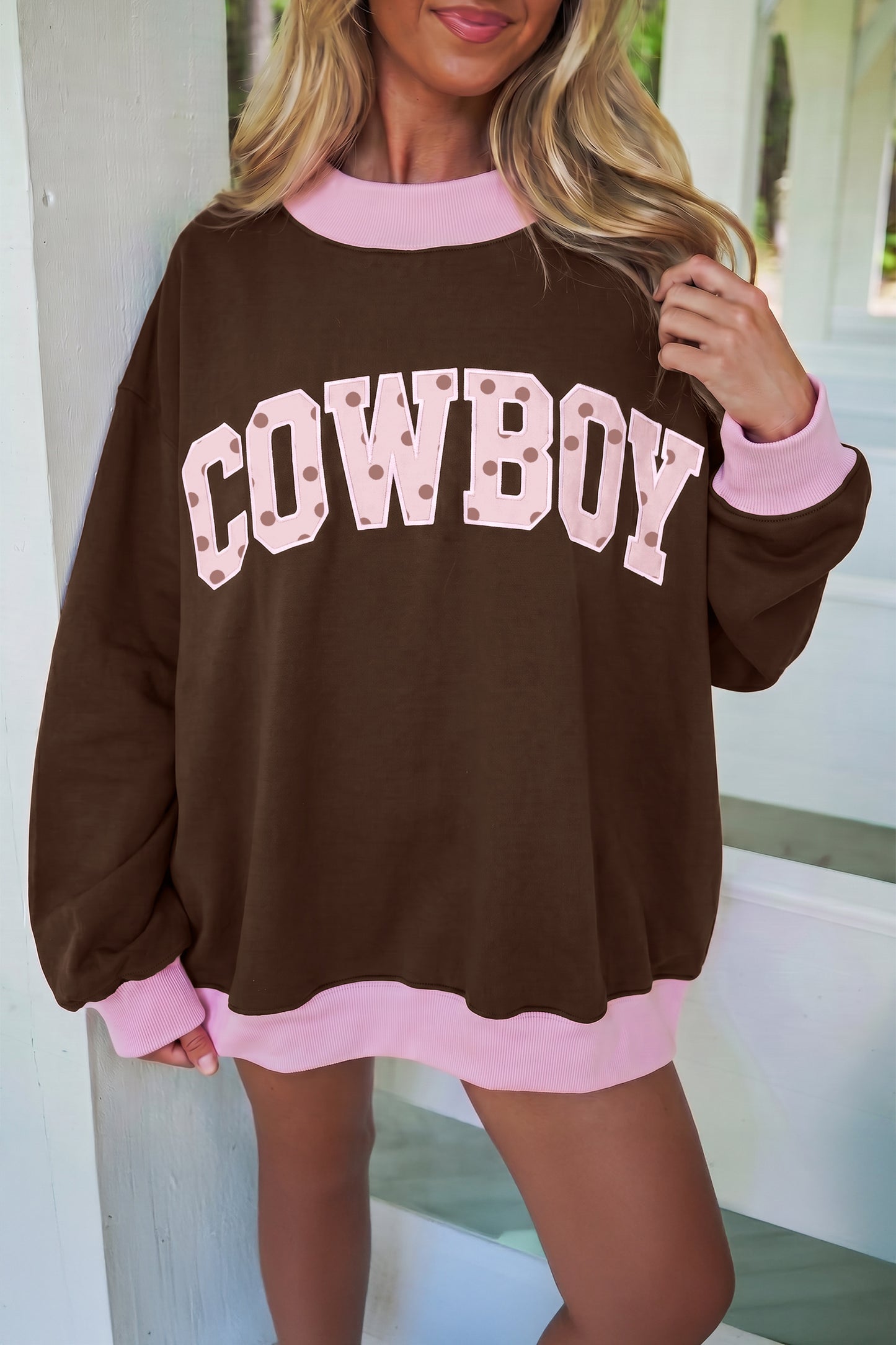 Coffee Polka Dot Letter Graphic Colorblock Tunic Sweatshirt