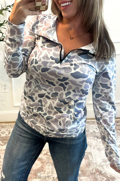 Multicolour Camouflage Print Kangaroo Pocket Zip Collar Pullover Sweatshirt