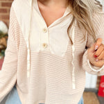 Oatmeal Waffle Patchwork Drop Shoulder Hooded Long Sleeve Top