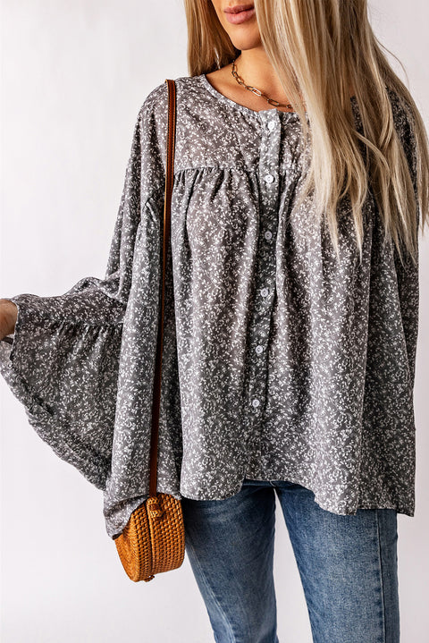 Floral Print Kimono Sleeve Ruched Blouse