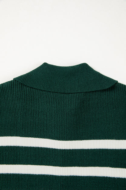 Blackish Green Ribbed Half Zip Collared Sweater Vest