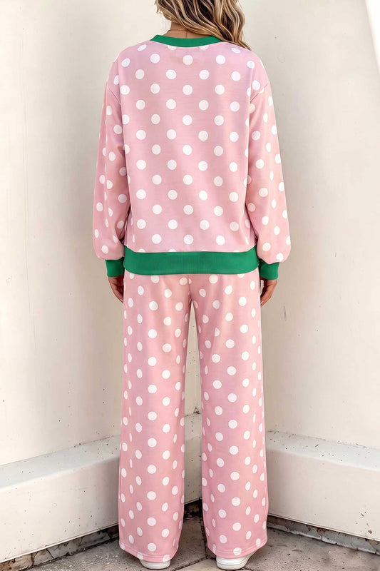 Pink Polka Dot Contrast Trim Long Sleeve Top Drawstring Shift Pants Set