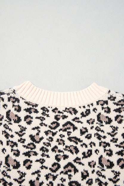 Beige Leopard Print Ribbed Color Block Trim Pullover Sweater