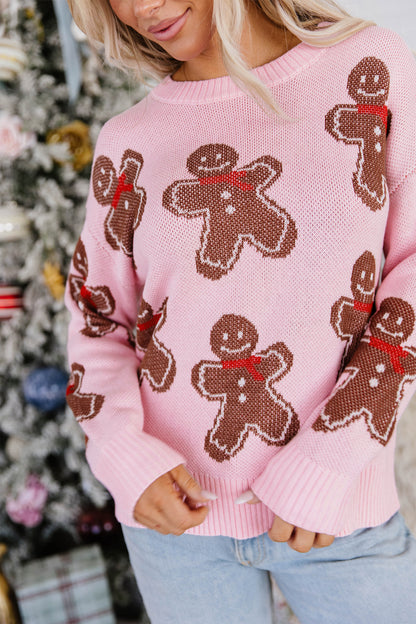 Pink Gingerbread Pattern Round Neck Long Sleeve Shift Sweater