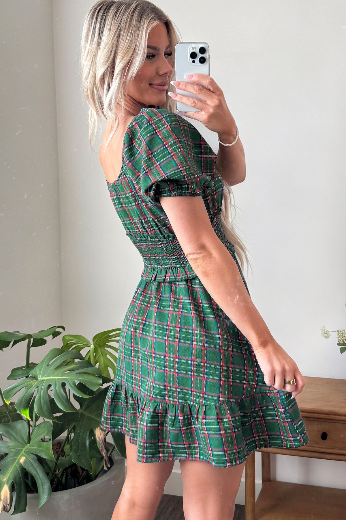 Green Plaid Shirred U Neck Short Sleeve Mini Dress