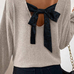 Simply Taupe Ribbed V Neck Contrast Ribbon Bow Back Drop Shoulder Long Sleeve Top