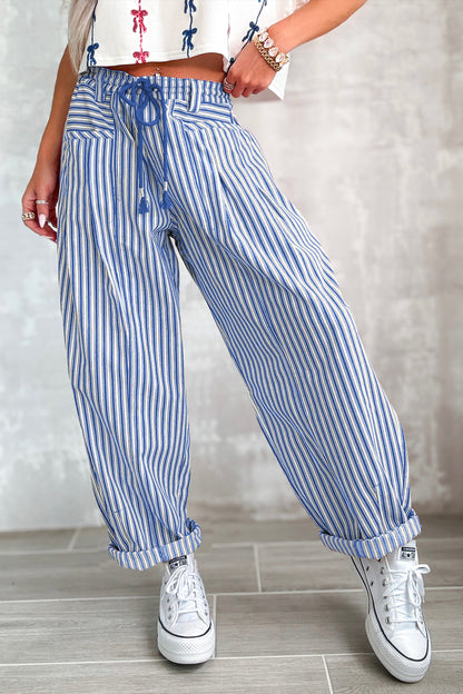 Blue Stripe Drawstring Casual Loose Pants