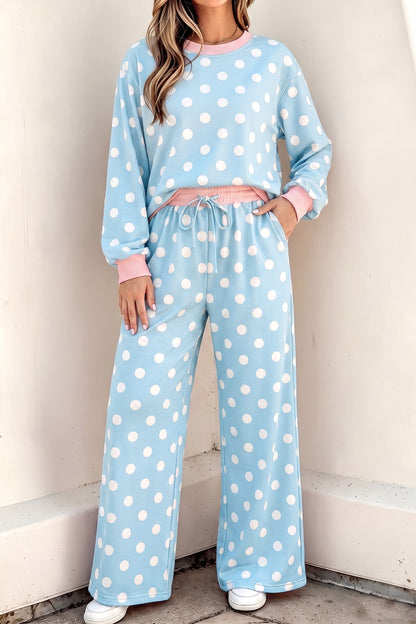 Sky Blue Polka Dot Contrast Trim Long Sleeve Top Drawstring Shift Pants Set
