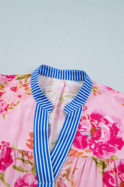 Multicolour Floral Striped Patchwork Trim Half Sleeve Mini Dress