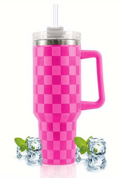 Vaso de acero inoxidable con asa y estampado a cuadros de color rosa oscuro, 40 oz 