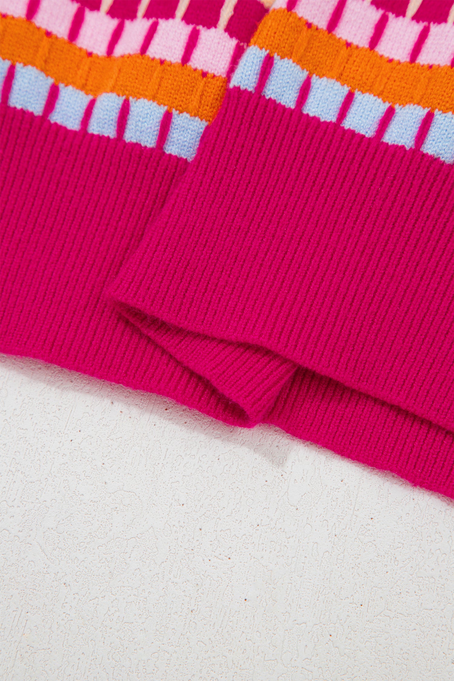 Rose Red Abstract Striped Knit Short Sleeve Sweater