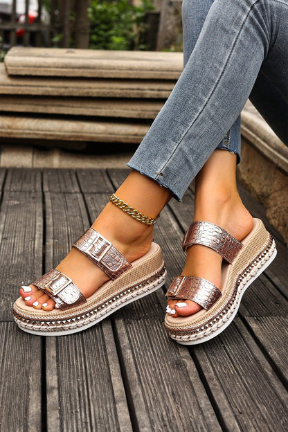 Gold Metallic Textured PU Leather Buckle Wedge Platform Slippers